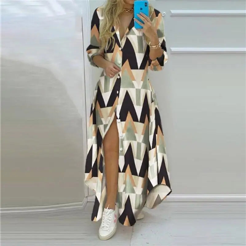 Summer Women Boho Printed Long Shirts Elegant Dress Turn-down Collar Long Sleeve Female Casual Split Shirt Evening Maxi Dresses