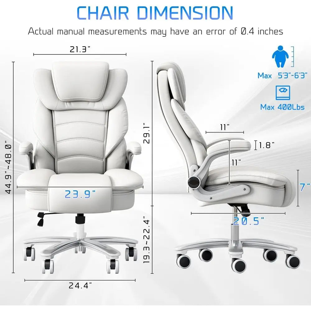 Ergonomic Leather Executive Chair with Wide Seat for 400lb Capacity, High Back and Flip-Up Arms, White | Kimlud Luxury Home