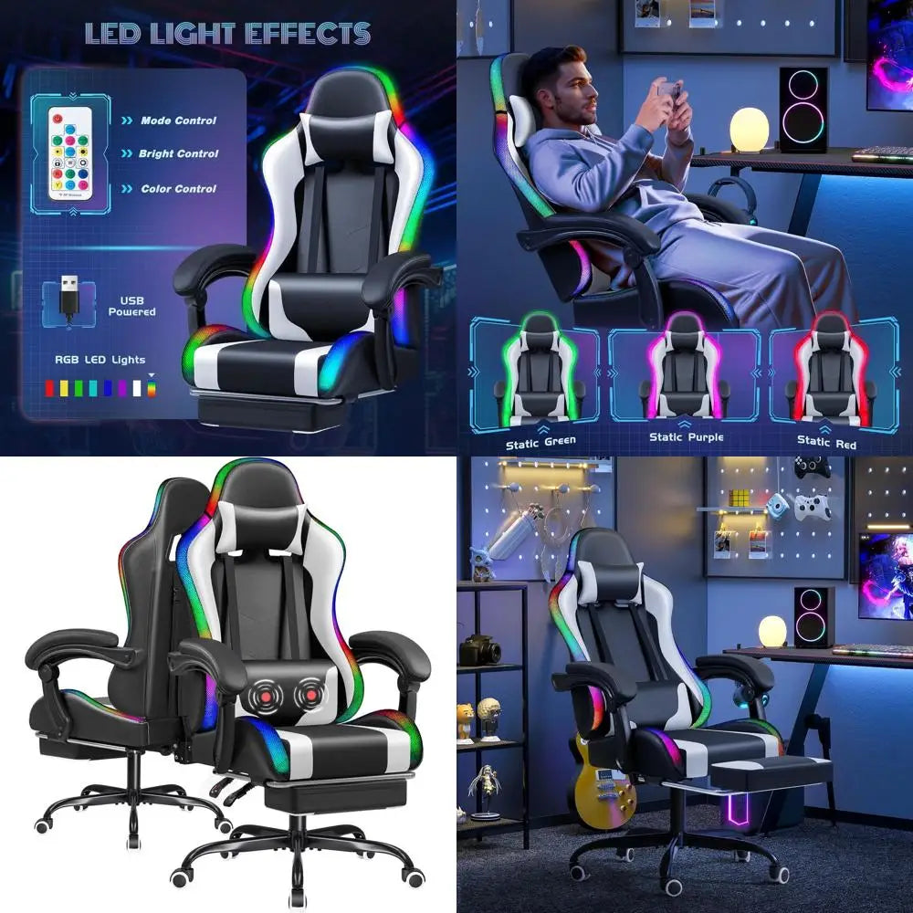 Illuminated RGB Gaming Chair with Footrest, Massage, Lumbar Support, and High-Back Recline (White LED)