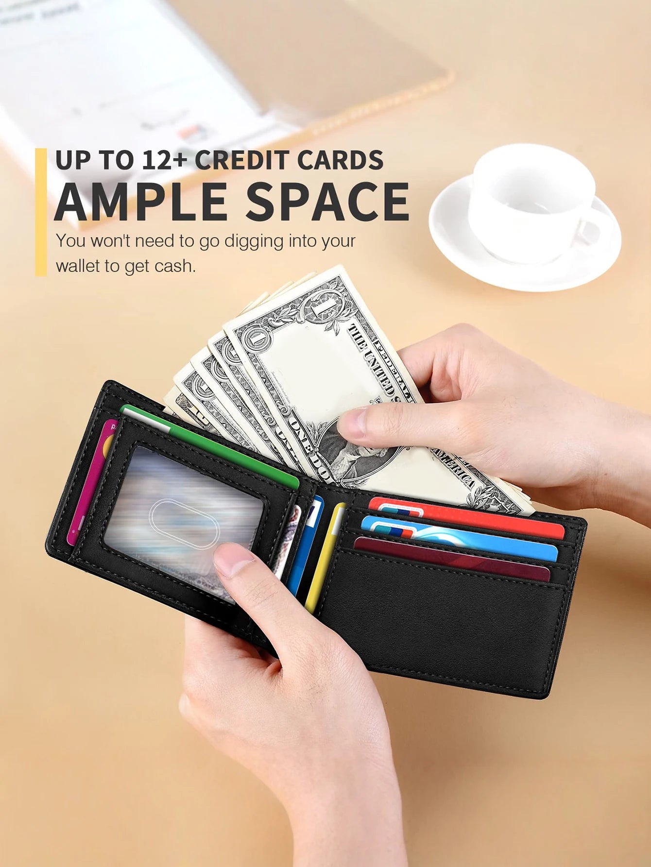 Men's Ultra-Thin RFID Blocking Leather Wallet Bi-Fold Front Pocket Wallet Large Capacity 8 Card/Short Card Holder with ID Window