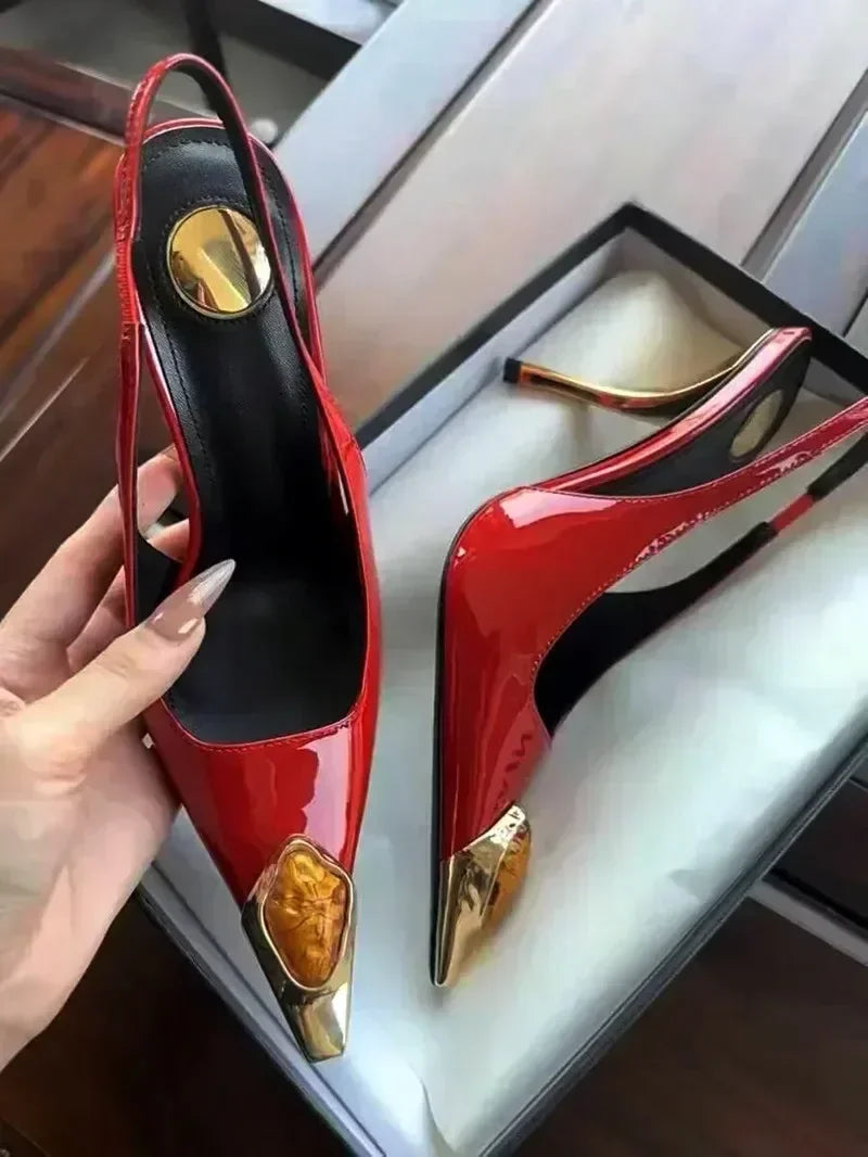 Luxury Metal Jewel Decoration Heels Women 2025 Sexy Pointed Toe Patent Leather Women Pumps Elegant Banquet High Heeled Sandals - Kimlud