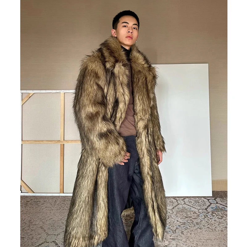 Men's fur coat, Wolf fur, fox fur, lapel long overcoat, winter windproof and warm windbreaker, large size