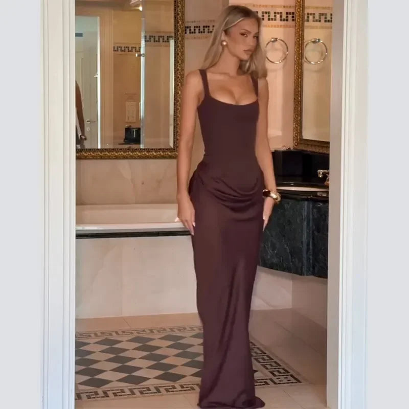 Sexy Luxury Pleated Sling Long Dress Women Elegant Solid Sleeveless Slim Fit Maxi Dresses 2026 Shinny Daily Lady Vestidos New
