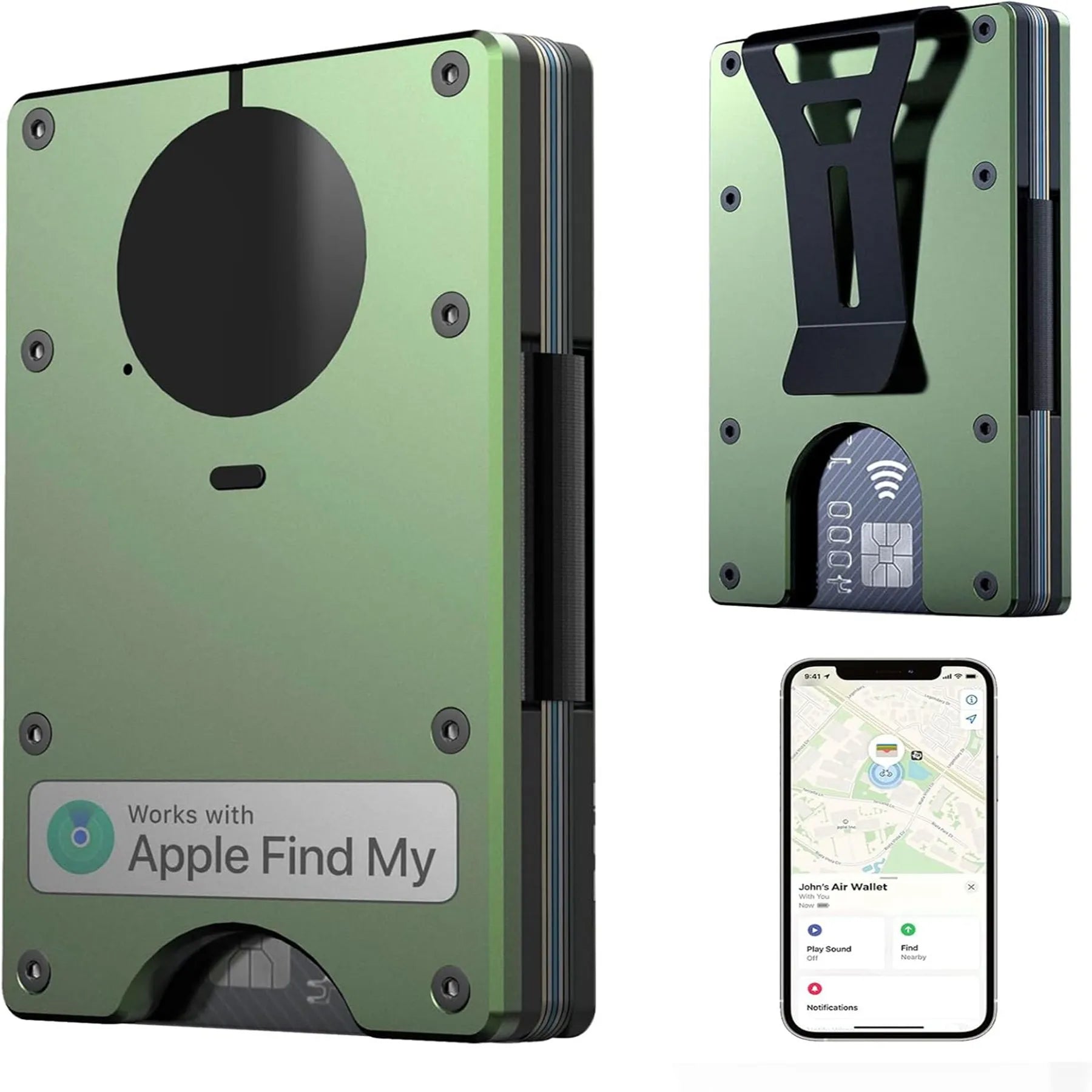 Wallet with Built in Airtag Chip, RFID Blocking Credit Card Holder, Compatible with Find My iOS Only, Detachable Money Clip