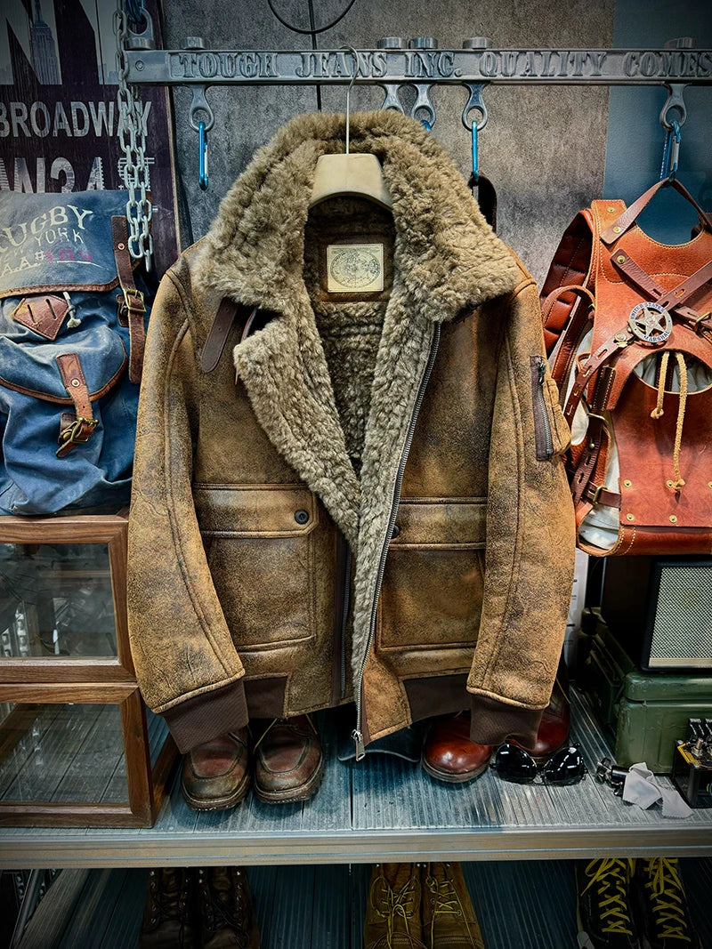 25AW Winter Shearling Trucker Jacket for Men Thermal Warm Thickened Suede Lambskin American Vintage Motorcycle Style Coats 4XL