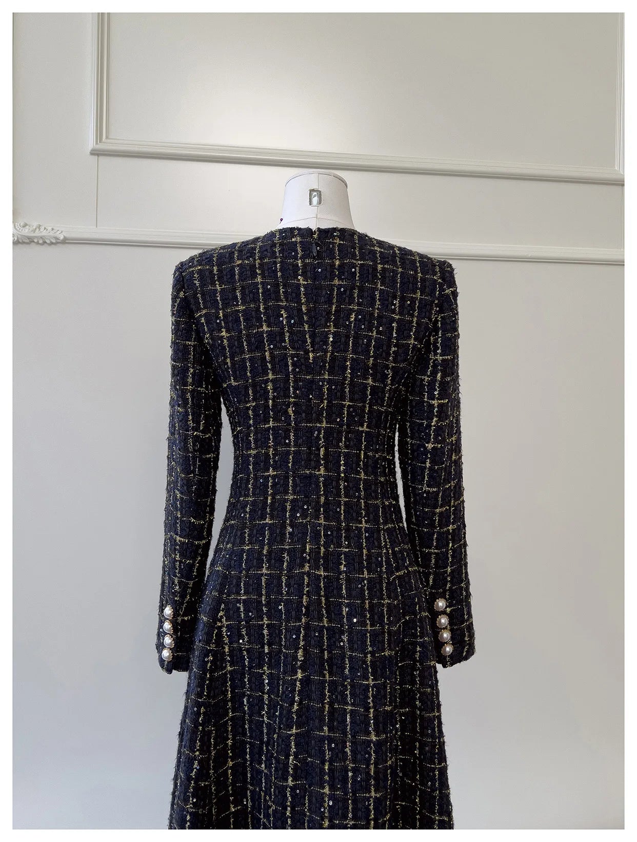 IEQJ Fashion Autumn Winter Evening Dress Women O-Neck Long Sleeves Single-breasted Zipper Cotton Tweed Umbrella Dresses New