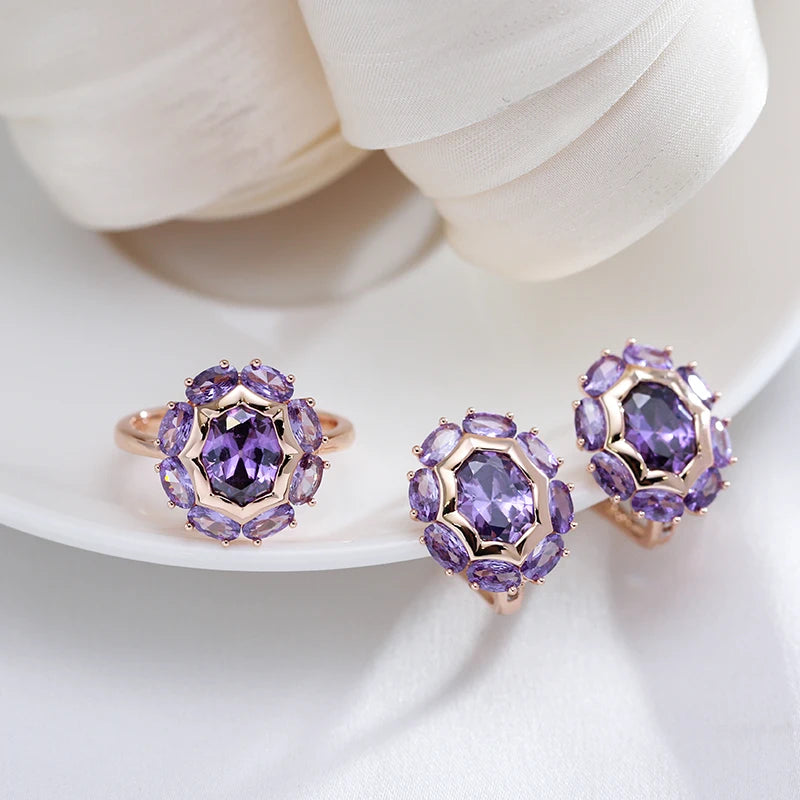 Kinel Unusual Sparkling Oval Purple Natural Zircon Rings for Women Luxury 585 Rose Gold Color Party Daily Fine Jewelry 2023 New