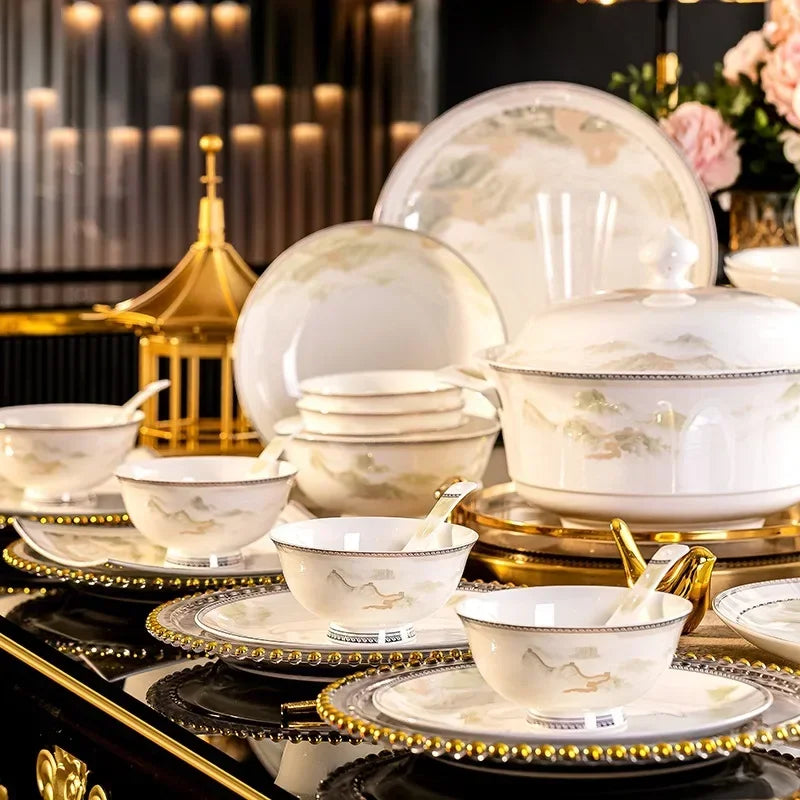 Tableware, Jingdezhen Ceramic Bowl and Dish Set, Housewarming Gift, Bone Ceramic Bowl and Plate for Household Use |...