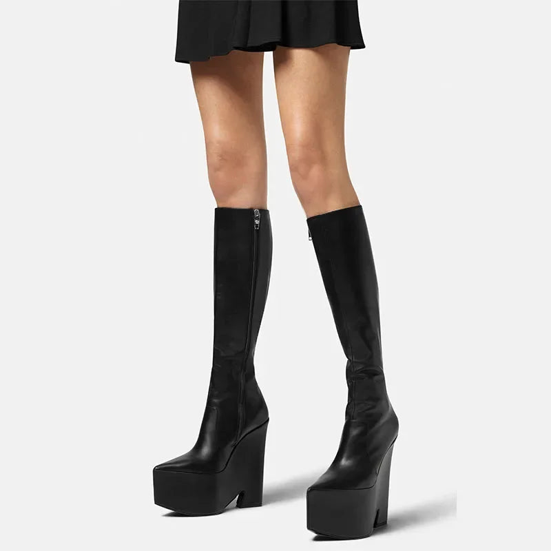 2025 New black platform knee high boots fashion Pointed toe skinny calf knee high boots Side zipper Riding boots
