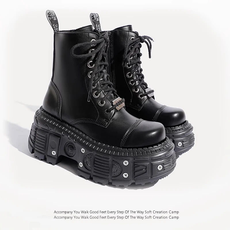Women Punk Boots Platform Personalized Design Shoes Leather Cool Boots Retro Chunky High Quality Lace Up Casual Outdoor Shoes 42