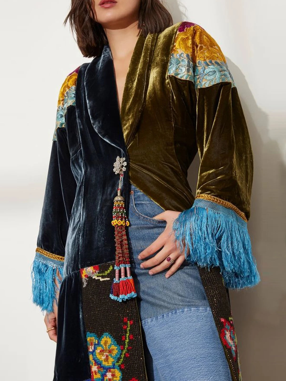 Elegant and stylish velvet tassel jacquard 2D printed coat, patchwork shawl, new style lapel carnival long outerwear |...
