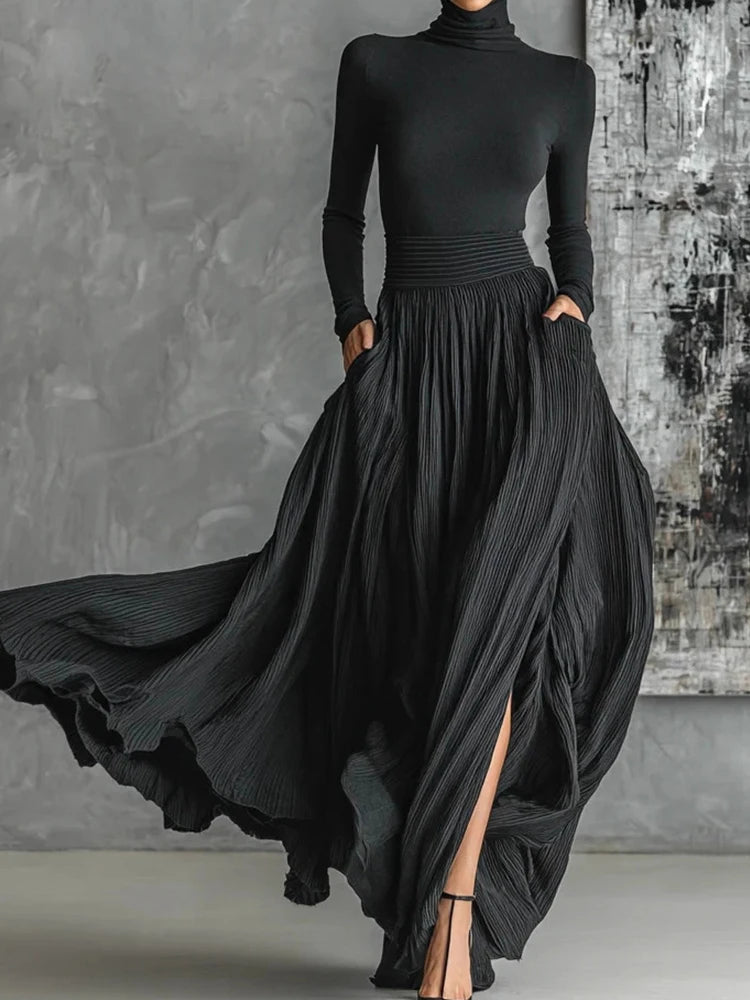 Turtleneck Pullover Top Women Skirt Set Chic Female Shirt And Long Skirt Matching Suit Office Slim Fit Skirt Two Piece Sets 2025