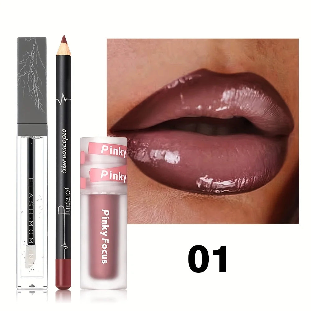 3PCS Shimmer Moisturizing Lip Gloss - Lip Liner and Lip Mud and Oil, Non-Sticky,Glitter, Nourishing Glossy Moisturizing Lipstick - Kimlud