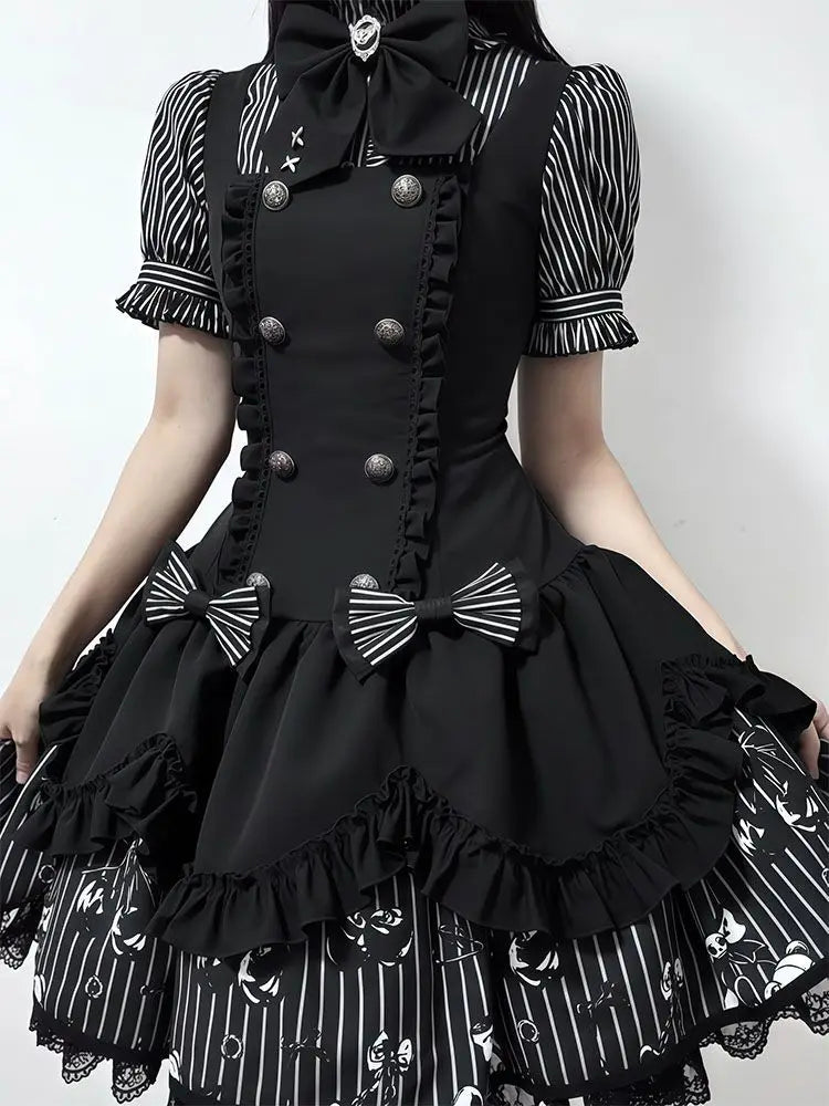 Gothic Striped Lolita Dress Set Women Puff Sleeve Stripe Blouse Suspender Dress Dark Sweet Bowknot Lace Layered Princess Outfit - Kimlud