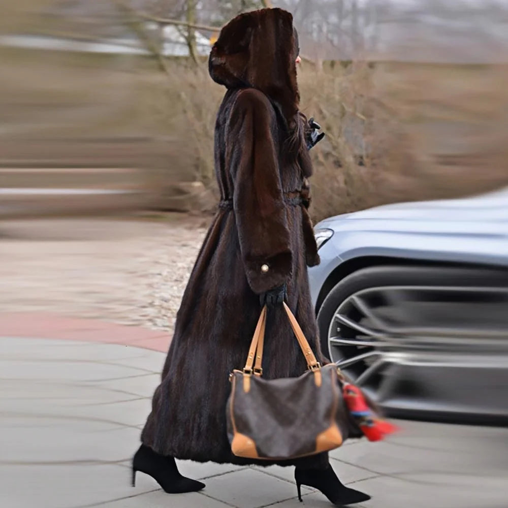 Women's Dark Brown Faux Mink Fur Hooded Coat 2025 Winter Long Length Belted Warm Luxury Jacket for Daily Party...