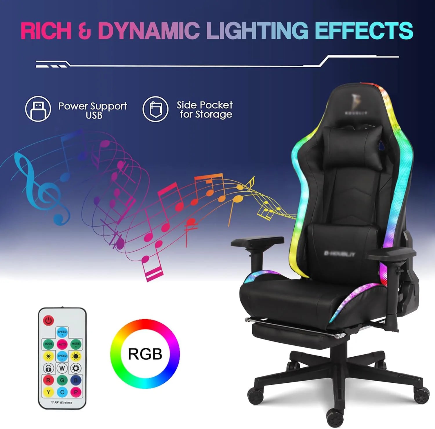 Massage Gaming Chair with Speakers and RGB LED Lights Footrest Music Video Game Chair with Lumbar Support Swivel Adjustable