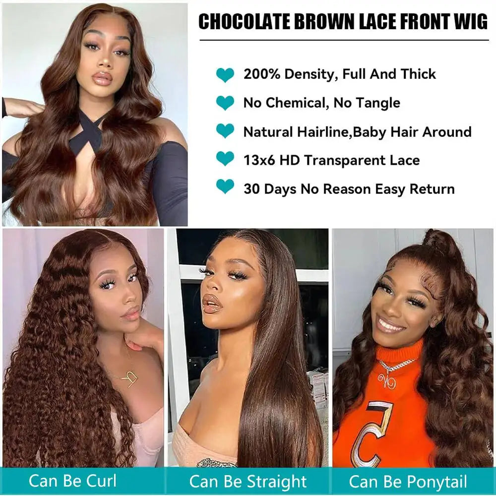 Body Wave Chocolate Brown Lace Front Wigs Human Hair 13x4 13x6 HD Lace Frontal Wig For Women Peruvian Lace Wigs Natural Hairline