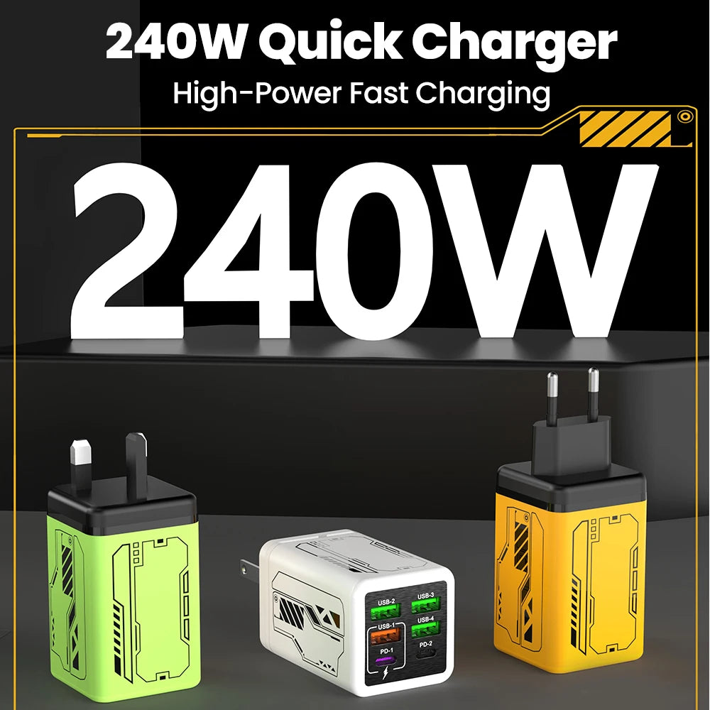 240W 6 Ports 4USB+2Type C Super Fast Charging Mobile Phone Charger USB3.0 PD3.0 EU/UK/US Charger For Iphone 17 16 Samsung POCO