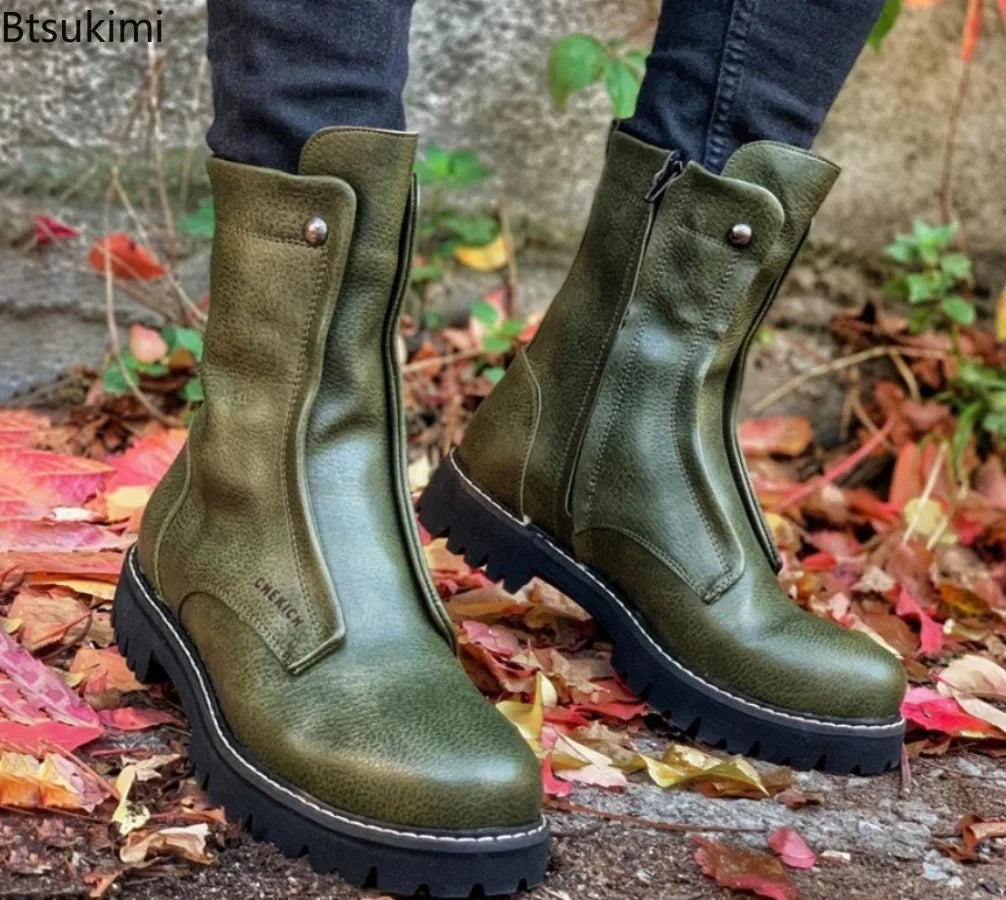 2026 New Big Size Men's Fashion High Top Round Toe Boots PU Leather Shoes Black Stylish Thick Soled Boot Short Motorcycle Botas