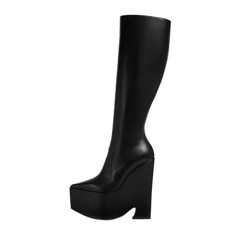 2025 New black platform knee high boots fashion Pointed toe skinny calf knee high boots Side zipper Riding boots
