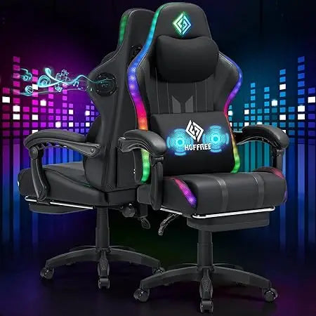 Ergonomic Computer Gaming Chair with Massage, Rhythm RGB LED Lights, Bluetooth Speakers, and Footrest for Enhanced Comfort