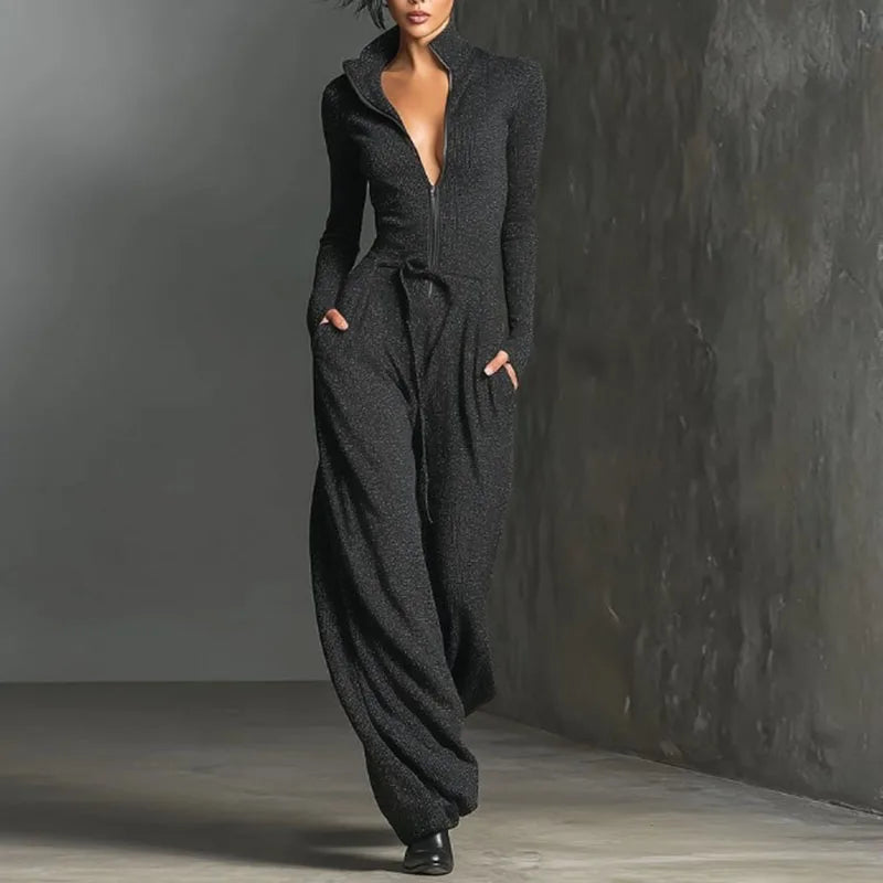 Spring Casual Solid Slim Straight Jumpsuits Woman Elegant V Neck Zip Bodysuit Autumn Long Sleeve High Waist Pocket...