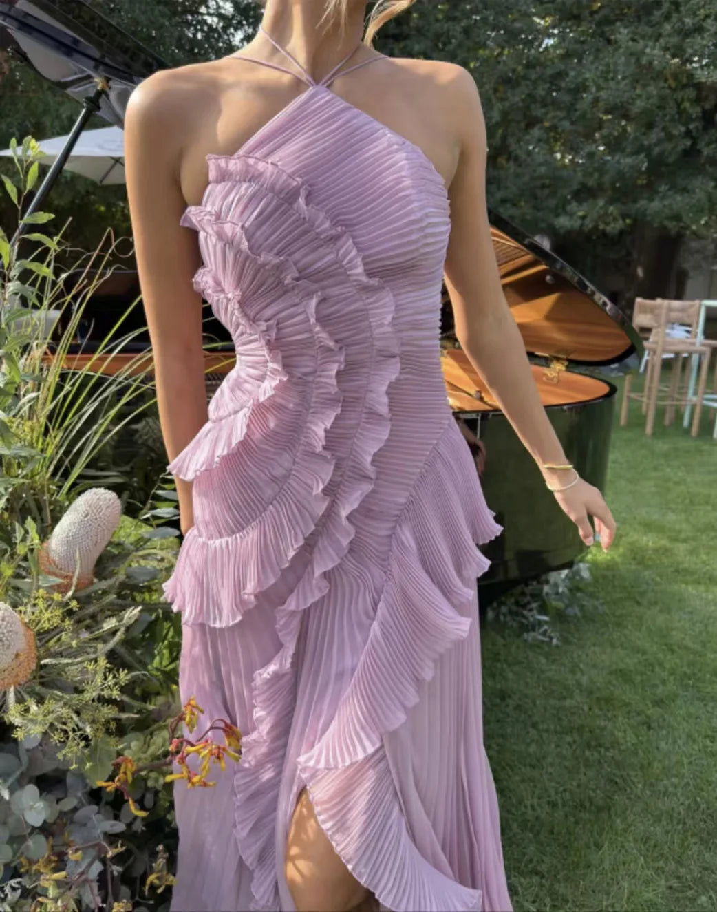 Chic Pleated Halter Long Dress Women High Quality Strapless Backless Ruffles Lotus Edge Maxi Dress 2025 Nw Lady Vacation Gowns
