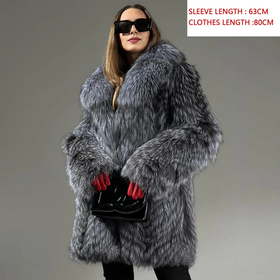 Natural Silver Fox Fur Coats With English Collar Women's Full Skin Fur Jacket Long Real Fox Fur Coat Best Seller Furry Jackets