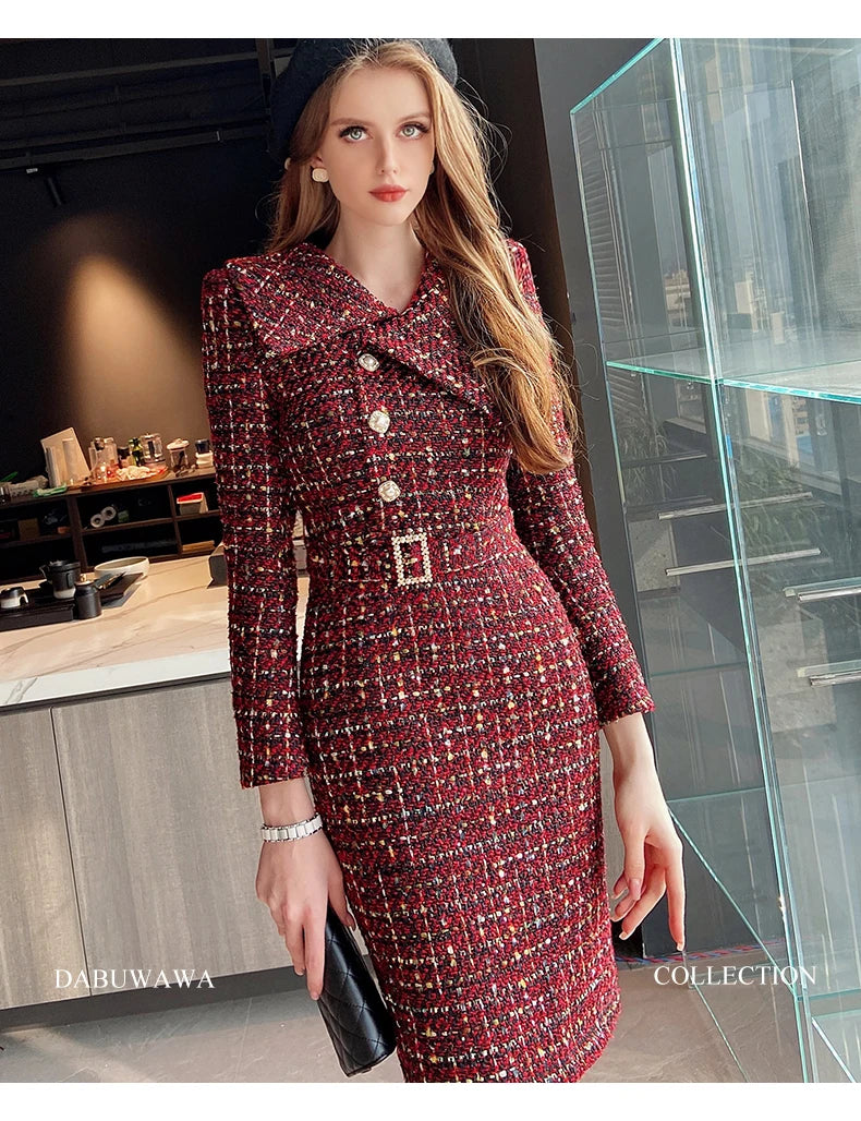 Elegant Retro Tweed Asymmetric Large Lapel Slimming Dress Women's Autumn Winter High-Grade Long Sleeve Mid-length Dress...