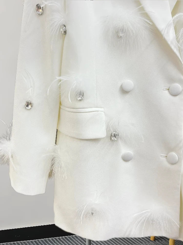 Luxury feather Faux diamond blazer Women 2025 New Double breasted rhinestones jacket High quality Loose Lady suit INKEO 4O089