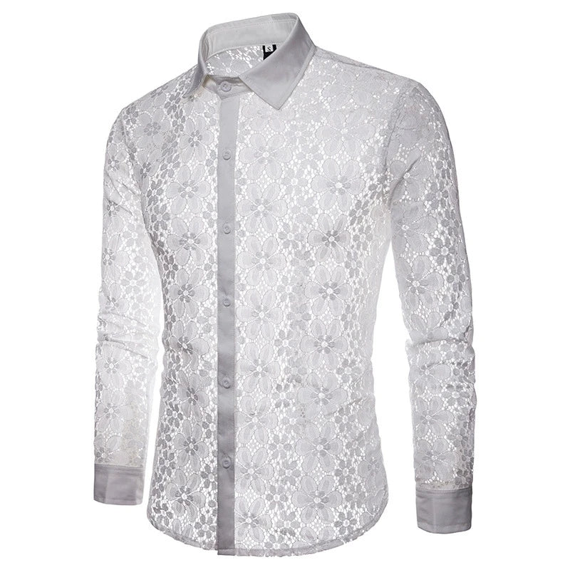 2026 Men's Lace Flowers Embroidery Long Sleeve Shirt Fashion Transparent Sexy Dress Shirts Male See Trough Club Party Tops - Kimlud