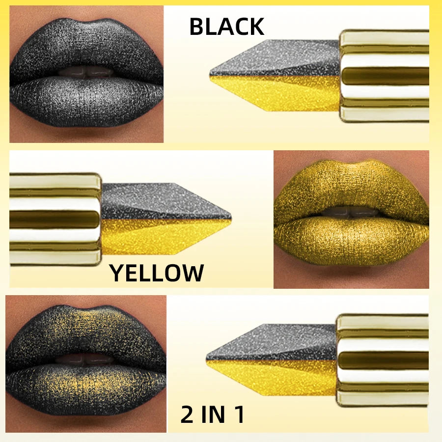 1PC Metallic Finish Lipstick Glitter Black&yellow Two Tone High Pigment Lip Tint Korean Makeup Hydrating Shine Cosmetic Gifts
