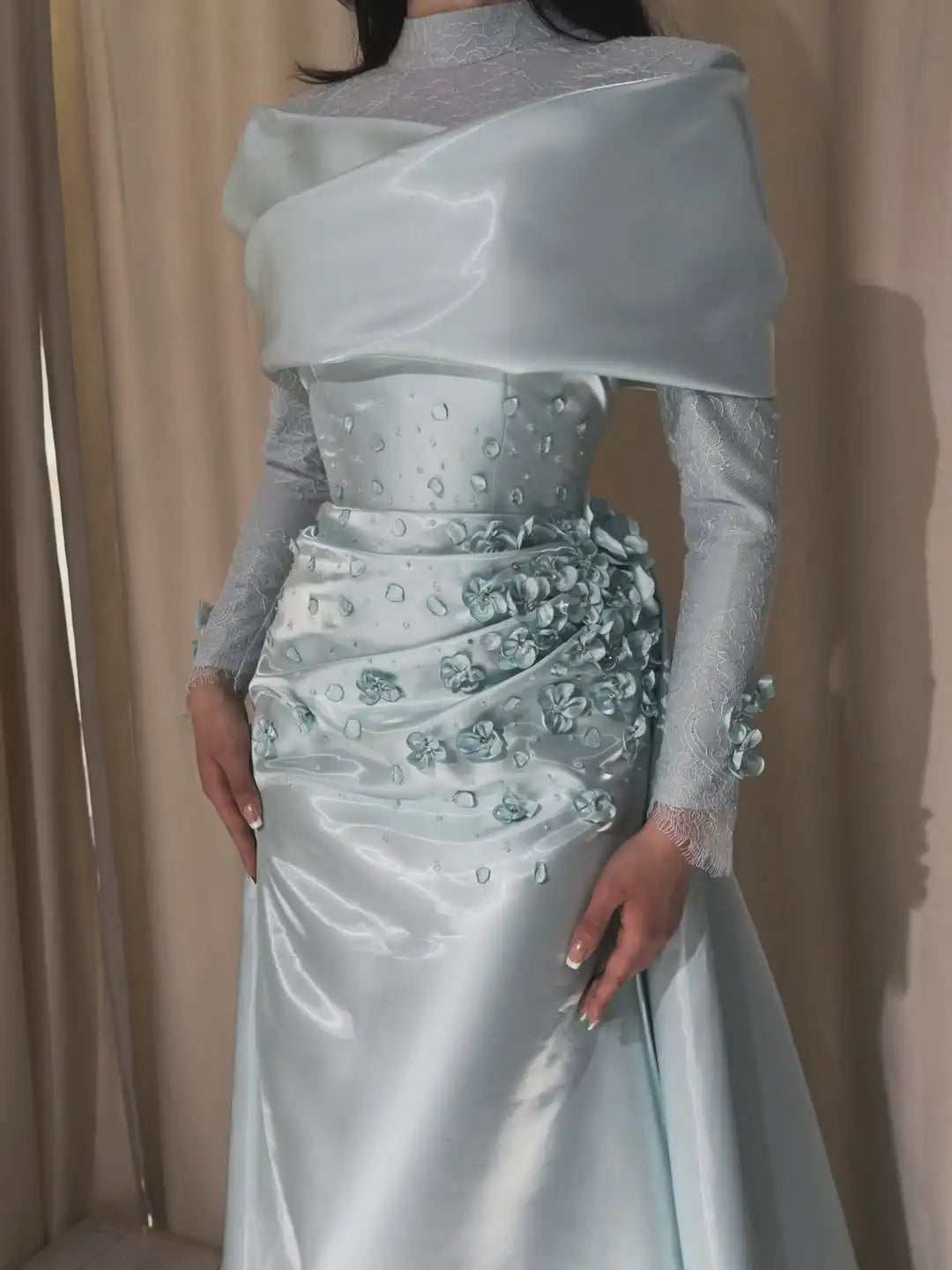 Elegant Layered Satin Lace Evening Dress High Neck Long Sleeve Floral Bead Decoration Bodycon Mermaid Sweep Train Maxi Gown