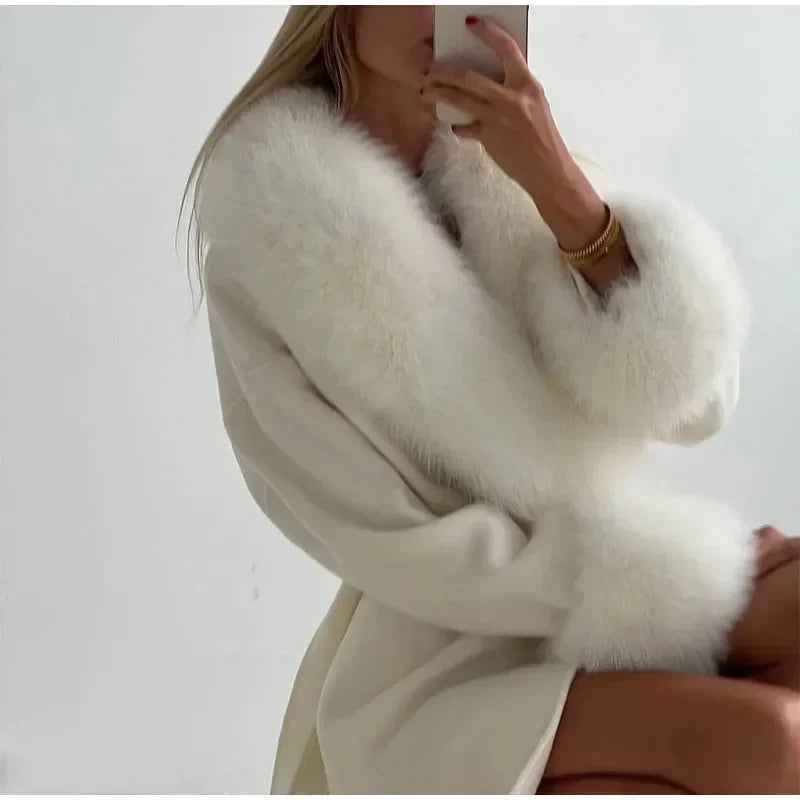 Retro Black Fur Patchwork Woolen Coat Women Chic Full Sleeve V-neck Lace Up Loose Long Overcoat 2025 Lady Winter Commute Outwear