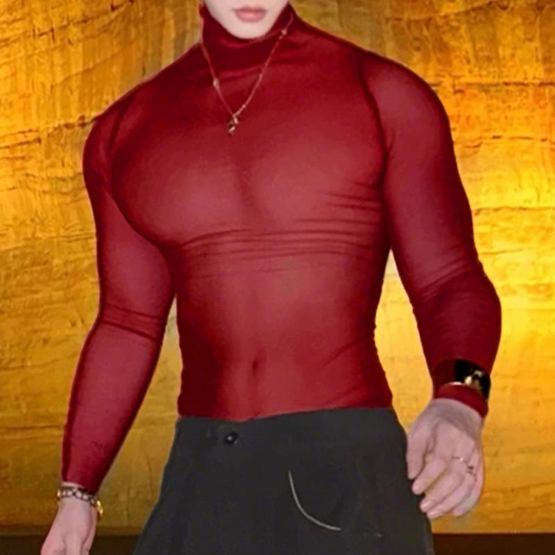 INCERUN Men T Shirt Mesh Long Sleeve See Through Turtleneck Male Tee Tops Sexy Streetwear Fashion Casual Men Clothing Solid - Kimlud