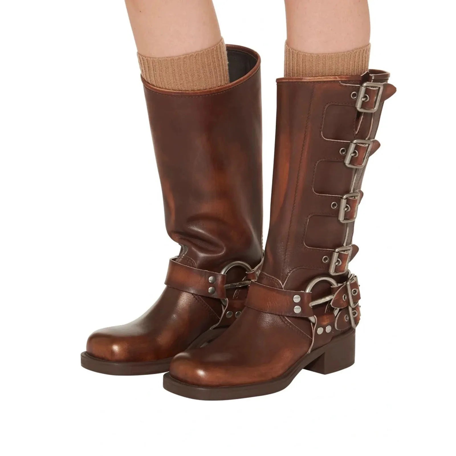 Arden Furtado 2025 Genuine Leather Platform Rivet Motorcycle boots Round toe Belt buckle Block heel mid wide calf Western boots