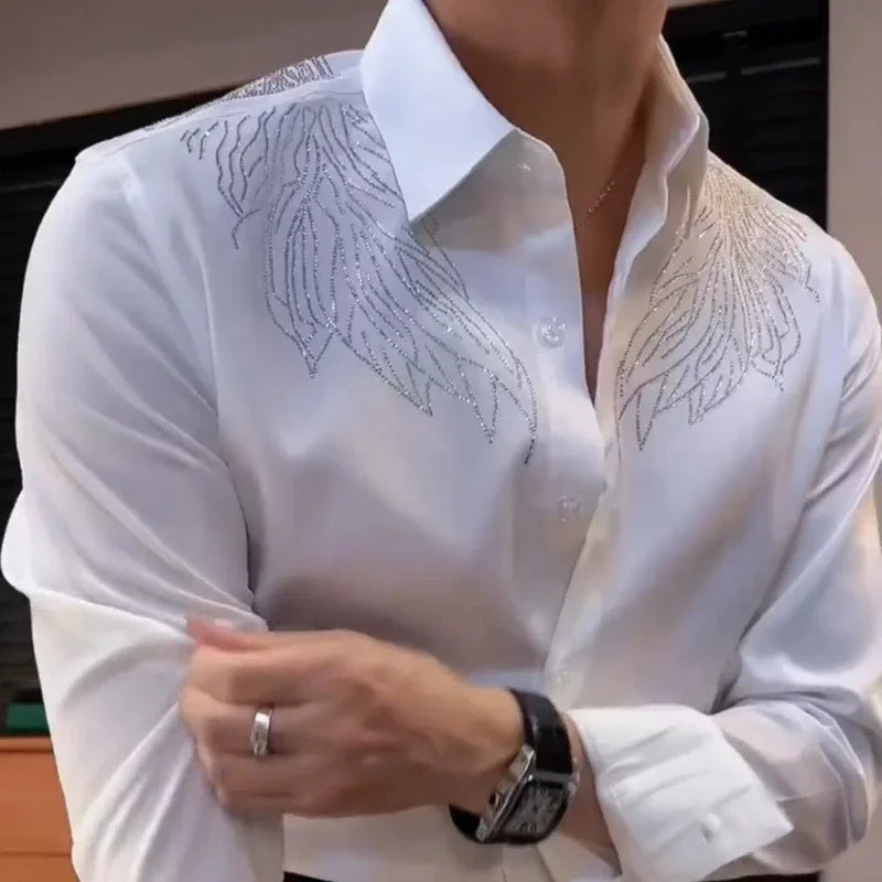 Spring Autumn Y2K Solid Diamond Shirts Men's Clothing Long Sleeve Loose Polo Neck Blouse All Match Fashion Cardigan Print Tops - Kimlud