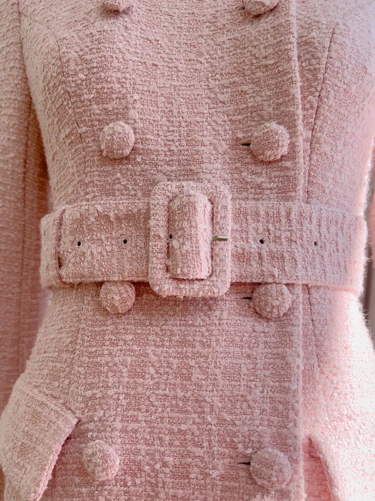 IEQJ Fashion Autumn Pink Woolen Coat Women Turn-Down Collar Double Breasted Sashes Tighten Waist Slim Blends Coat New