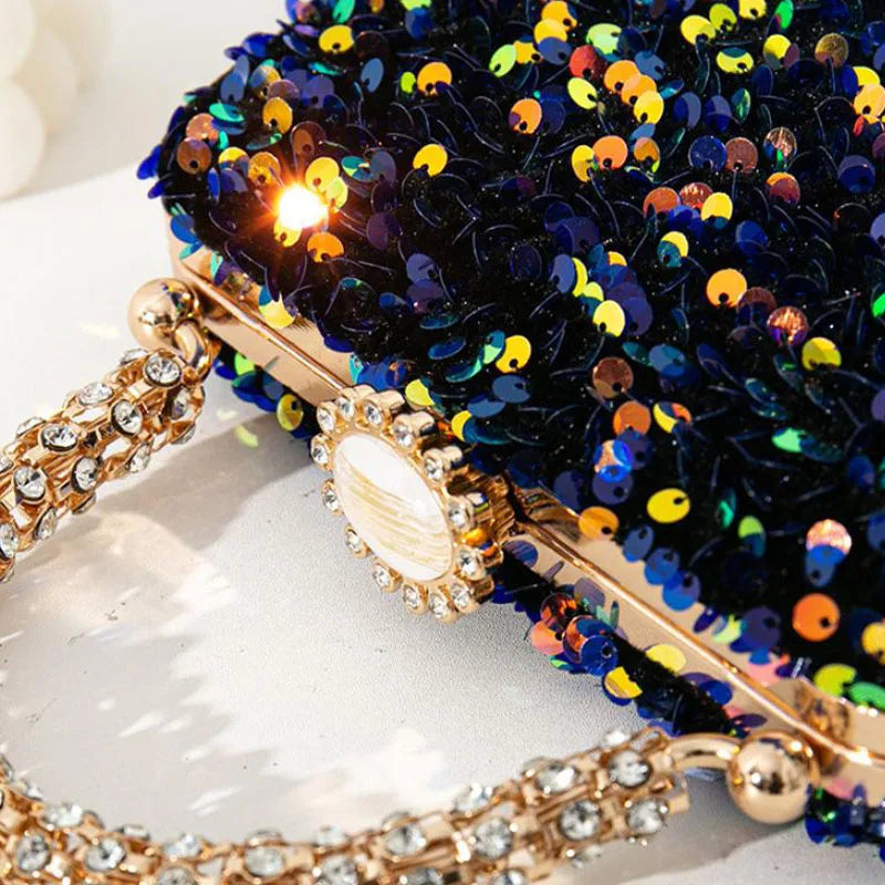 Luxury Women Shiny Sequins Evening Handbag Crystal Diamond Clutches Purse with Rhinestone Top Handle Lady Shoulder Messenger Bag - Kimlud