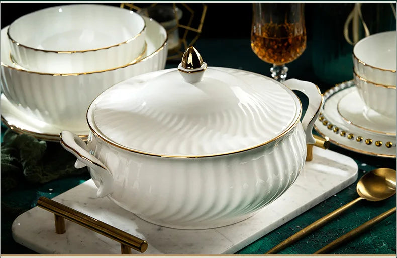 Bowl and dish set bone china tableware set bowl Jingdezhen light luxury simple hand drawn gold ceramic bowl and chopsticks plate - Kimlud