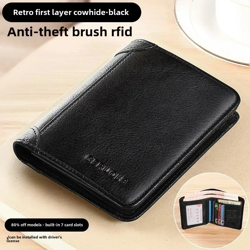 Men Wallet Genuine Leather Rfid Blocking Trifold Wallet Vintage Thin Short Multi Function ID Credit Card Holder Male Purse Money