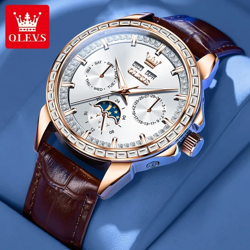 OLEVS 6695 NEW Men's Watches Full Multifunctional Dial Blue Leather Strap Calendar Week Moon Phase Waterproof Wristwatch...
