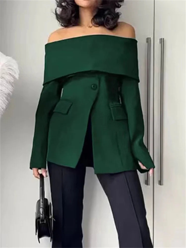 Yeezzi 2025 New Office Lady Commute Off-The-Shoulder Blazer Women Long Sleeves Solid Color Split-Front Zipper Formal...