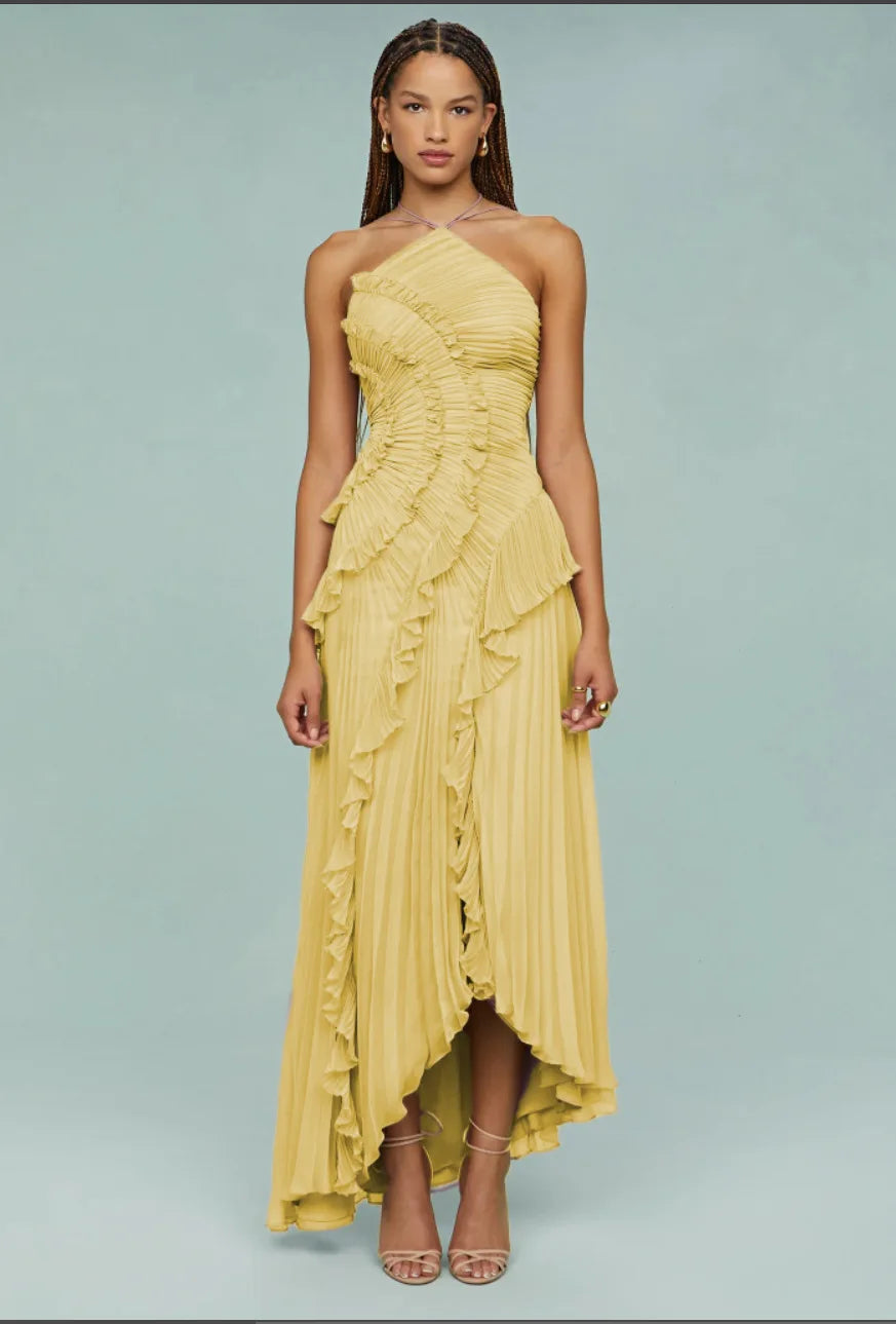 Ruffles Tiered Pleated Maxi Dress Women Summer Fashion A Line Backless Halter Sexy Dresses Gown Elegant Evening Long Party Dress