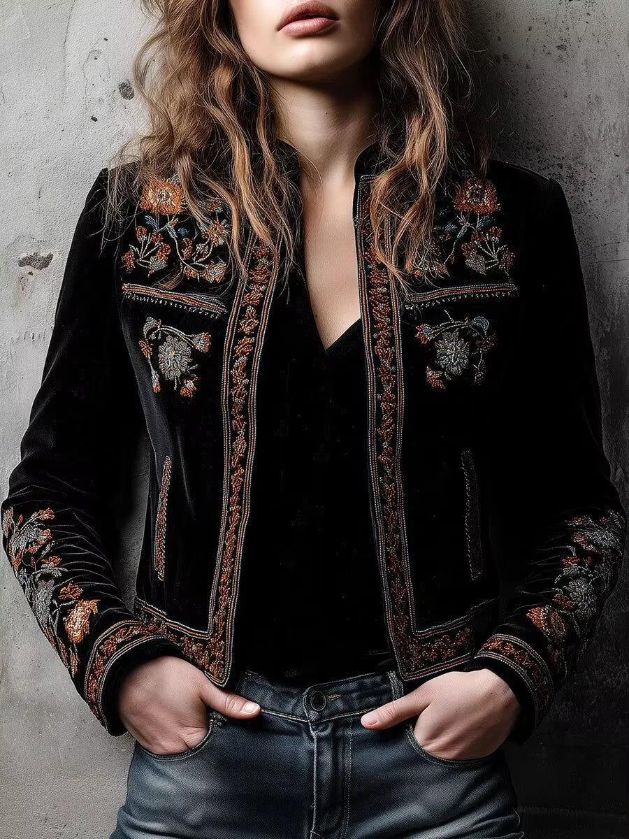 Floral Printed Stand Collar Jacket for Women's Autumn American Retro Cardigans Short Outerwear Chic Ethnic Casual Elegant Jacket