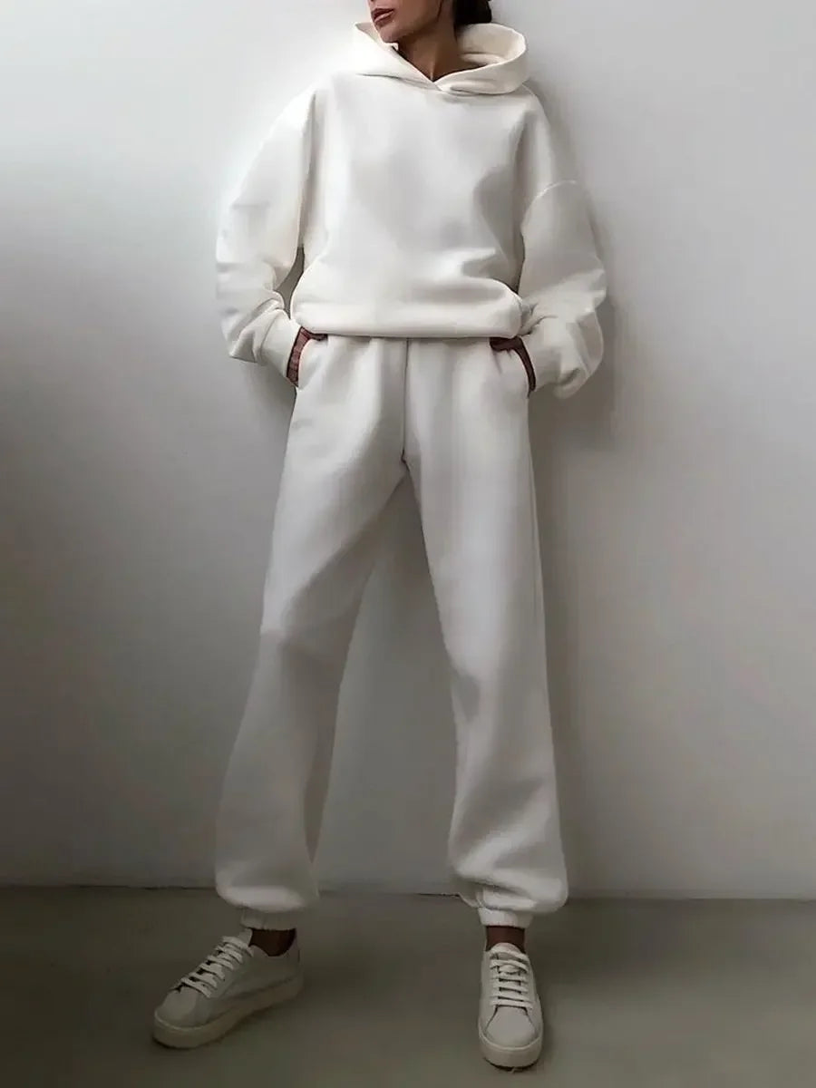 Women's Tracksuit Casual Solid Long Sleeve Hooded Sport Suits Autumn Warm Hoodie Sweatshirts and Long Pant Fleece Two Piece Sets