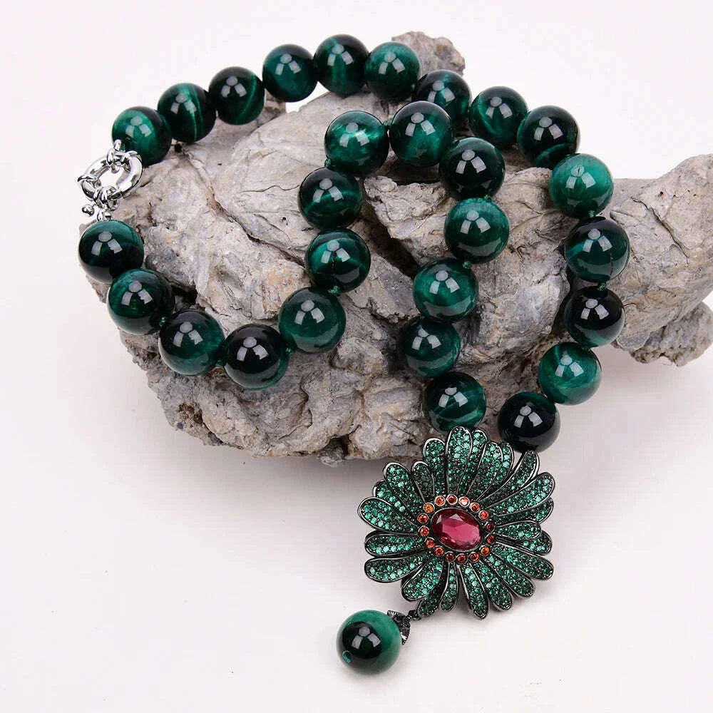 G-G 18" Natural Round Green Tiger Eye Necklace CZ Pave Flower Crystal Pendant Lady Party Gifts