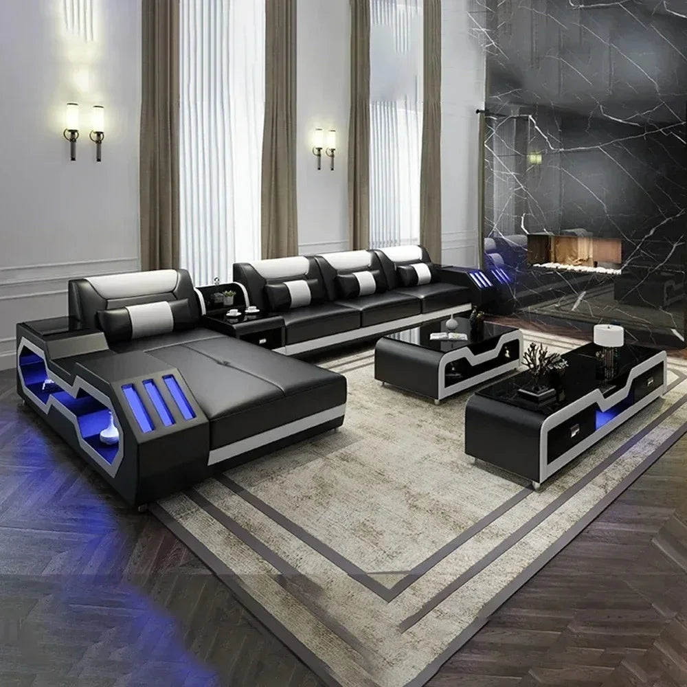Modern LED Lighted Sofa Set with Recliner, Adjustable Headrest & Console | Luxury Leather Sectional Couch | Futuristic Furniture - Kimlud