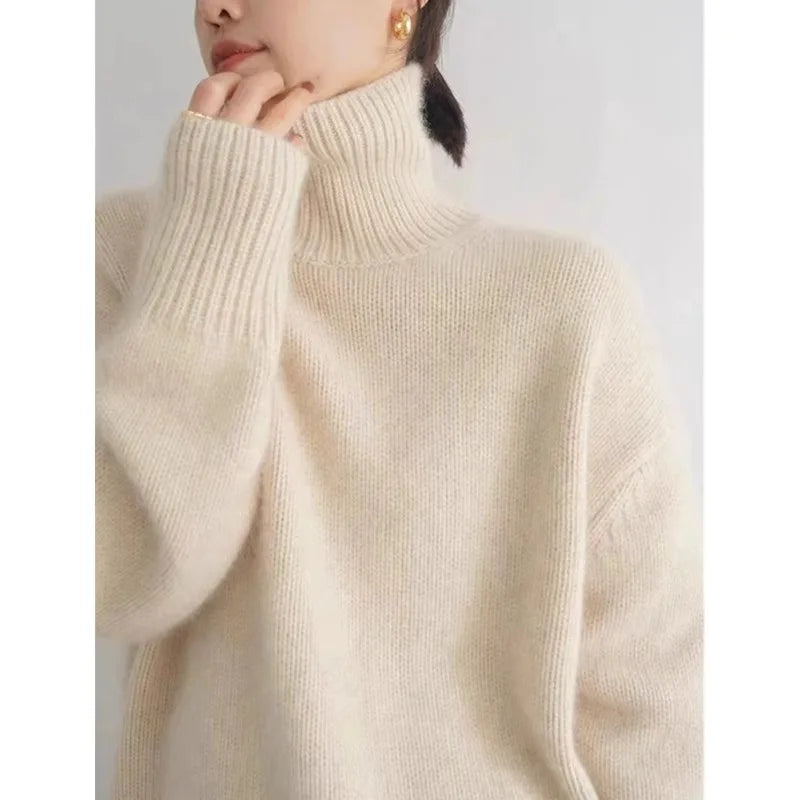 2024 Autumn and Winter New Thick Cashmere Sweater Women High Neck Pullover Sweater Warm Loose Knitted Base Sweater Jacket Tops