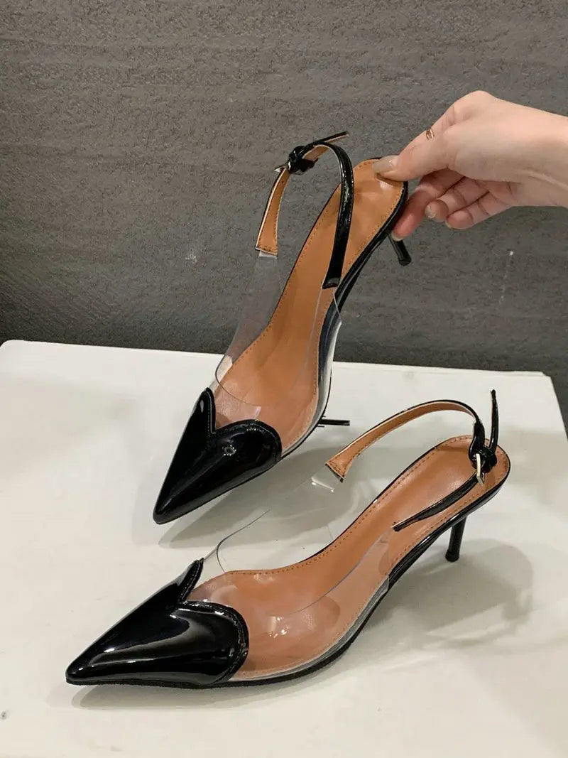 2025 New Pointy Peach Heart Fine Heel Shoes Sexy Pvc Transparent Film Black Patent Leather High Heel Overhead Sandals